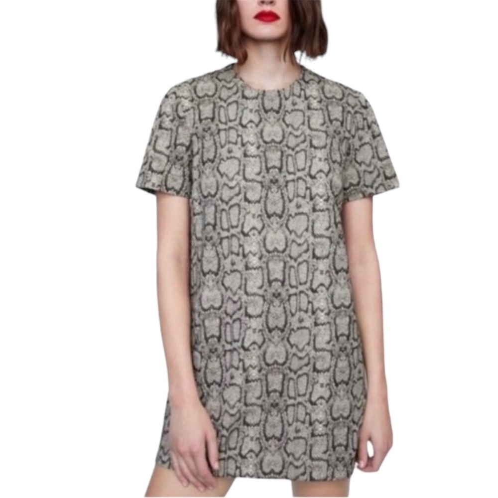 ZARA WOMAN Snakeskin Print Shift Dress in Tan / Gray Size Small